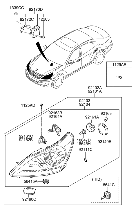 2011 Hyundai Equus Passenger Side Headlight Assembly Diagram for 92102-3N230