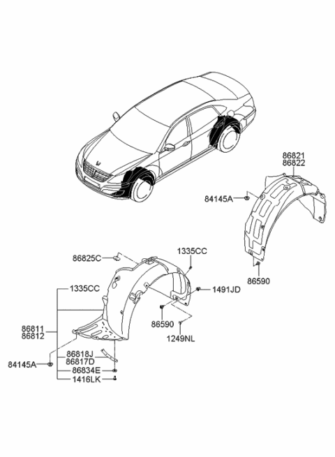 2012 Hyundai Equus Front Wheel Guard Assembly,Right Diagram for 86812-3N010