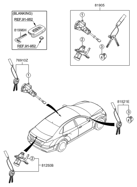 2010 Hyundai Equus Lock Key & Cylinder Set Diagram for 81905-3N000