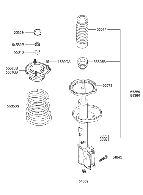 2004 Hyundai Tiburon Rear Right-Hand Shock Absorber Assembly Diagram for 55361-2C250