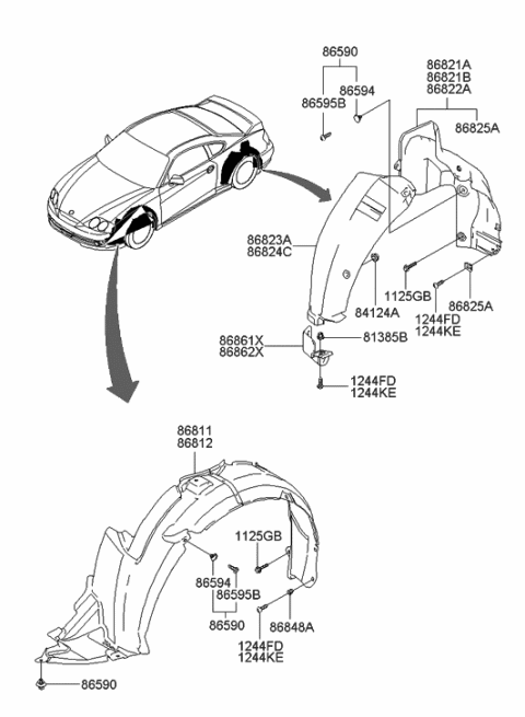 2006 Hyundai Tiburon Front Wheel Guard Assembly,Left Diagram for 86811-2C000