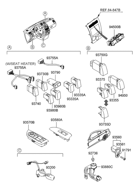 2003 Hyundai Tiburon Wiring Assembly-Center Switch Extension Diagram for 93755-2C000