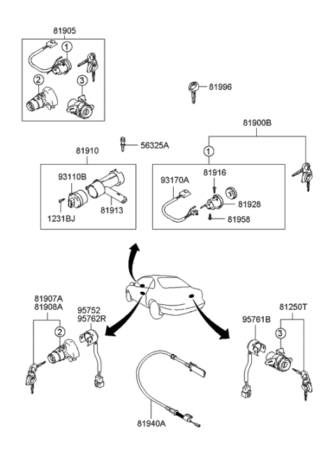 2001 Hyundai Tiburon Key & Cylinder Set Diagram