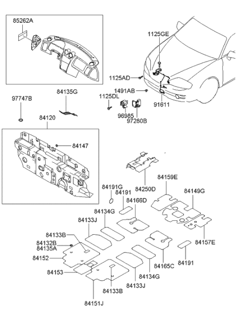2005 Hyundai Tiburon Isolation Pad & Floor Covering Diagram