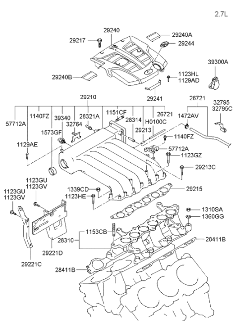 2005 Hyundai Tiburon Engine Cover Assembly Diagram for 29240-23600