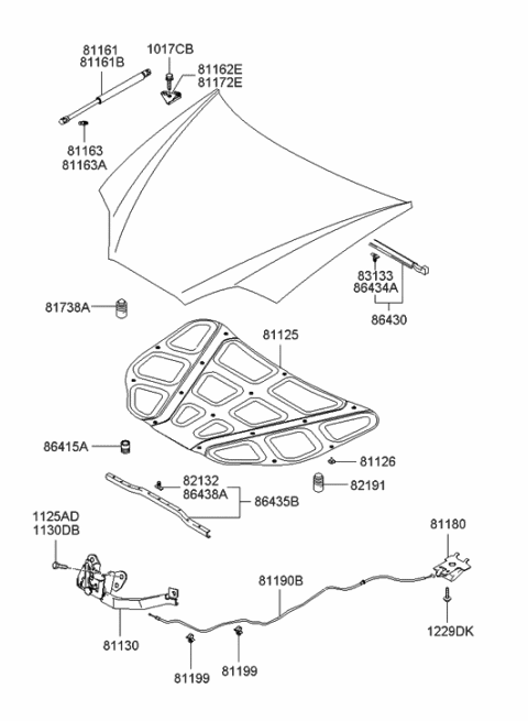 2004 Hyundai Tiburon Cable Assembly-Hood Latch Release Diagram for 81190-2C700