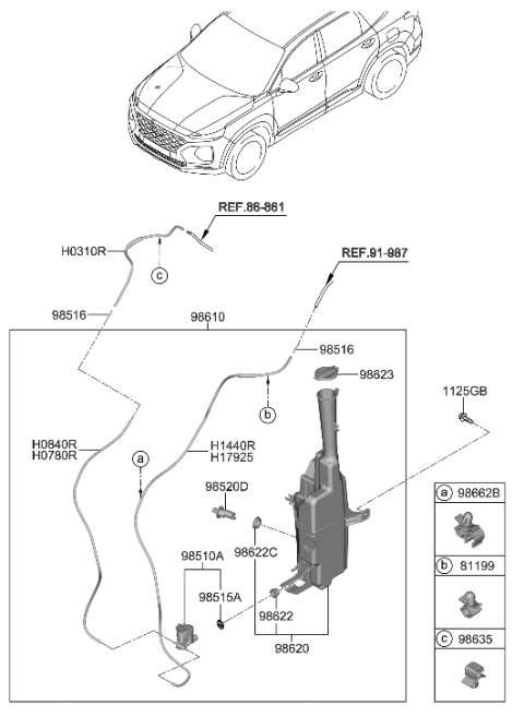 2019 Hyundai Santa Fe Windshield Washer Reservoir Assembly Diagram for 98611-S2000