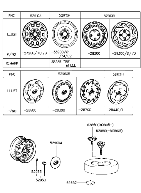 1995 Hyundai Elantra Wheel & Cap Diagram