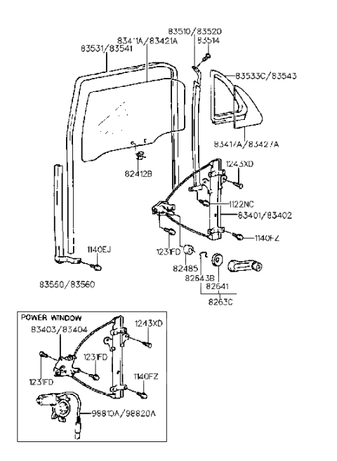 1993 Hyundai Elantra Passenger Side Rear Door Window Regulator Assembly Diagram for 83402-28001