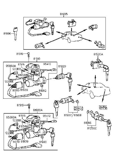 1993 Hyundai Elantra Lock Key & Cylinder Set Diagram for 81905-28070-FD