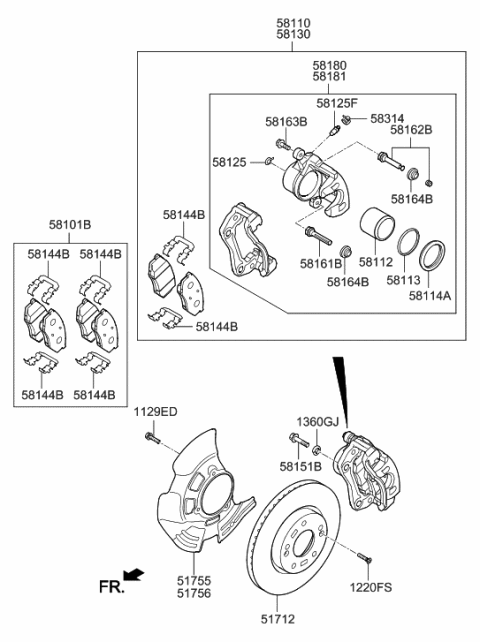 2016 Hyundai Azera Brake Assembly-Front,RH Diagram for 58130-3V900