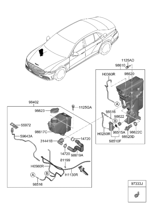 2023 Hyundai Genesis G90 Front Windshield Washer Motor & Pump Assembly Diagram for 98510-3T500