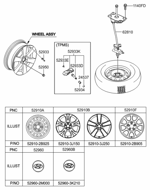 2006 Hyundai Veracruz Steel Wheel Assembly Diagram for 52910-2B925