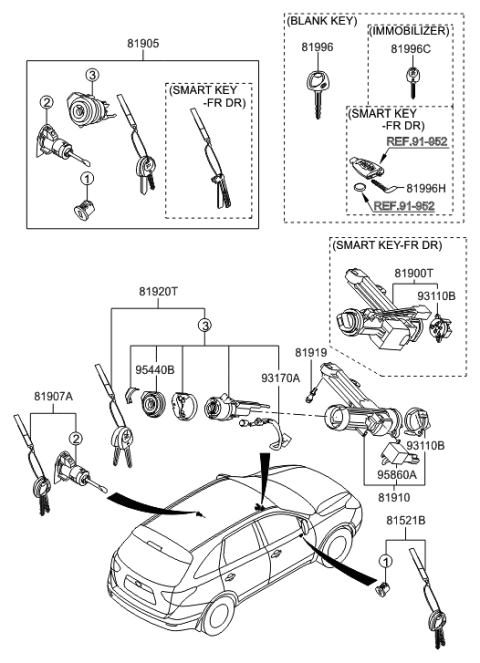2012 Hyundai Veracruz Lock Key & Cylinder Set Diagram for 81905-3J020