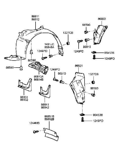 2001 Hyundai Sonata Front Wheel Mud Guard Assembly, Right Diagram for 86832-38010