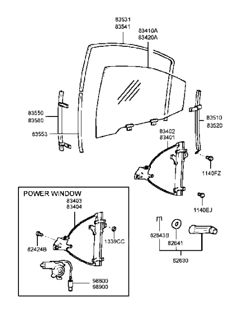 1998 Hyundai Sonata Glass & Grip Assembly-Rear Door,RH Diagram for 83420-38100