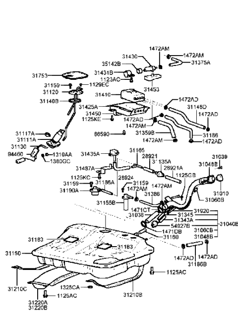 1998 Hyundai Sonata Guard Assembly-Fuel Tank Diagram for 31220-38000