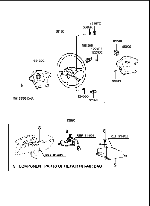 1998 Hyundai Sonata Steering Wheel Lower Cover Assembly Diagram for 56130-38700-TI