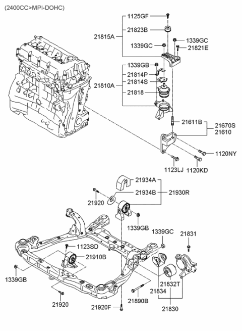 2006 Hyundai Sonata Engine Support Bracket, Front Diagram for 21670-25001