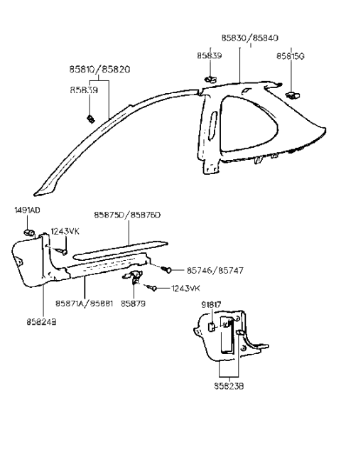 2000 Hyundai Tiburon Trim Assembly-Cowl Side LH Diagram for 85823-27100-LK