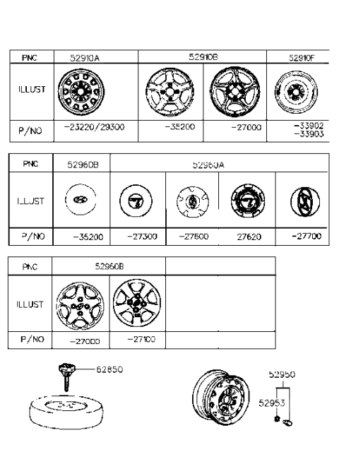 1996 Hyundai Tiburon Steel Wheel Hub Cap Assembly Diagram for 52960-27600