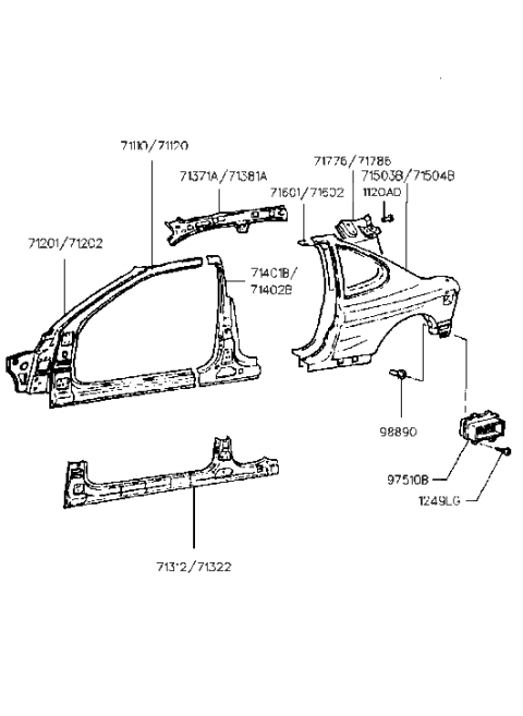 1996 Hyundai Tiburon Panel Assembly-Quarter Inner,RH Diagram for 71602-27051