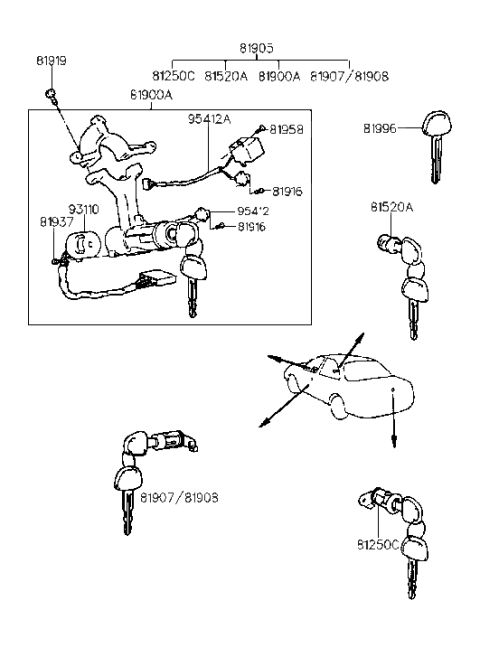 1996 Hyundai Tiburon Lock Key & Cylinder Set Diagram for 81905-27A72