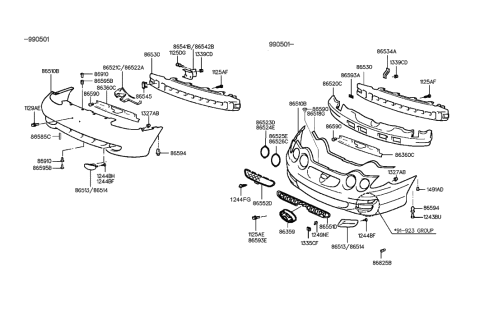 2000 Hyundai Tiburon Front Bumper Cover Assembly Diagram for 86510-27000