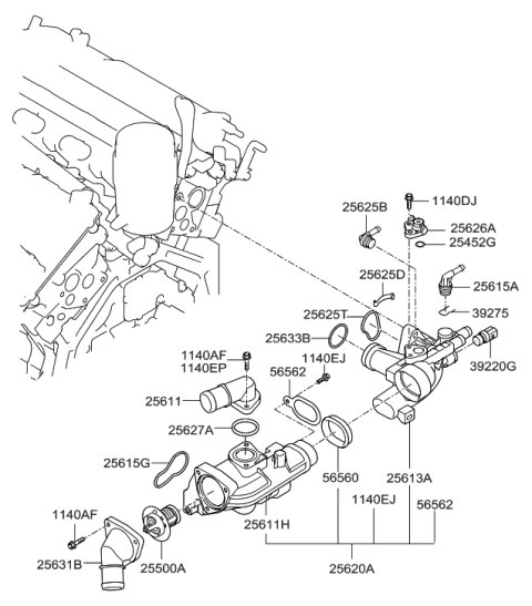 2007 Hyundai Azera Gasket-WRTER Outlet Fitting Diagram for 25653-3C200