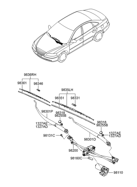 2008 Hyundai Azera Windshield Wiper Arm Assembly(Driver) Diagram for 98310-3L000