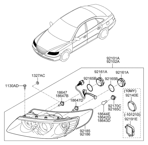 2007 Hyundai Azera Driver Side Headlight Assembly Composite Diagram for 92101-3L050