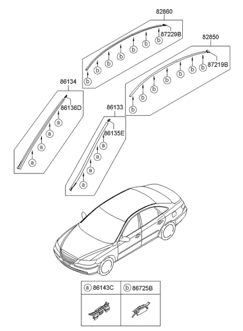 2007 Hyundai Azera Clip-Roof Moulding Mounting Diagram for 87216-3K000