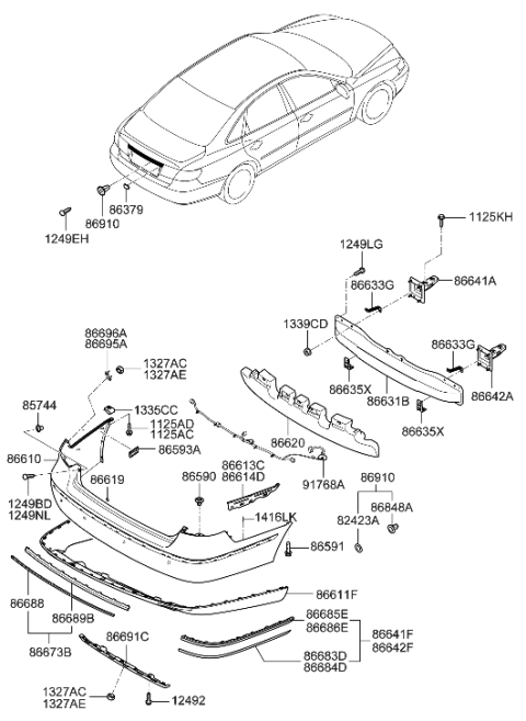 2007 Hyundai Azera Rear Bumper Cover Assembly Diagram for 86610-3L000