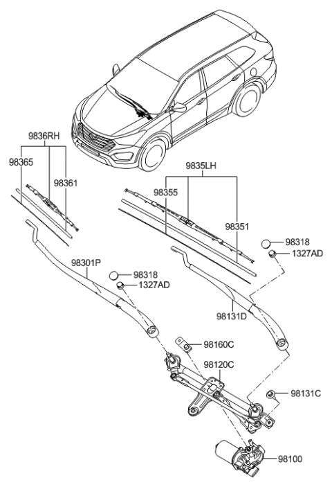 2013 Hyundai Santa Fe Windshield Wiper Arm Assembly(Passenger) Diagram for 98321-2W000