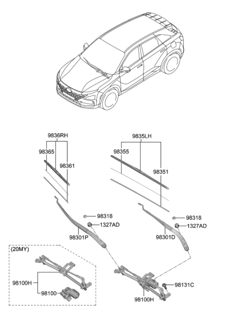 2020 Hyundai Nexo Windshield Wiper Motor Assembly Diagram for 98110-M5010