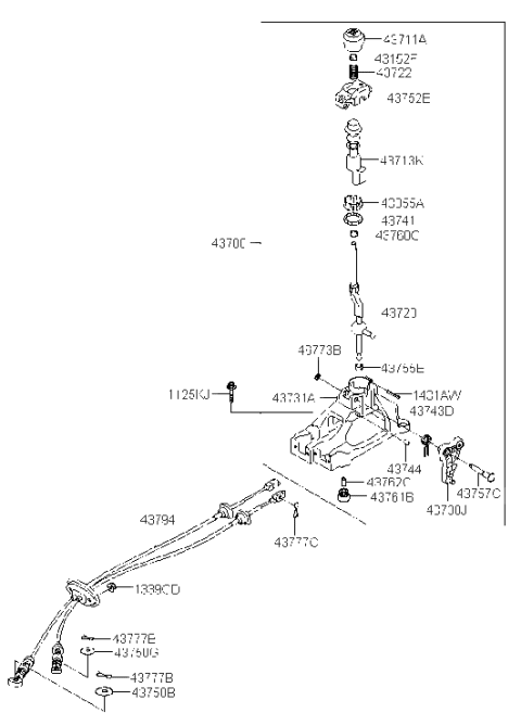 2009 Hyundai Santa Fe Manual Transmission Lever Cable Assembly Diagram for 43794-1U100