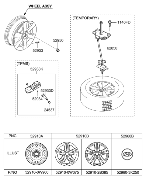 2009 Hyundai Santa Fe Wheel & Cap Diagram