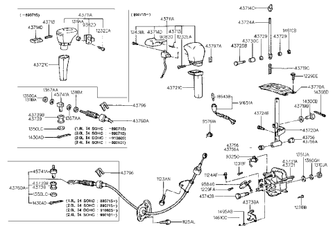 1988 Hyundai Sonata Automatic Transmission Lever Cable Assembly Diagram for 43760-33742-D