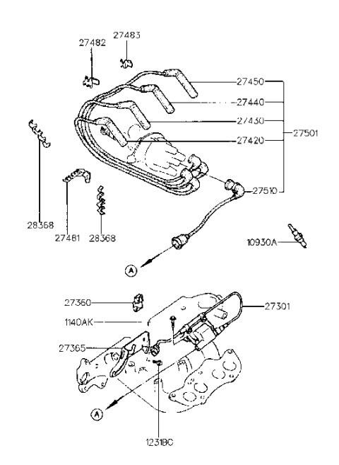 1990 Hyundai Sonata Cable Set-Spark Plug Diagram for 27501-35A00