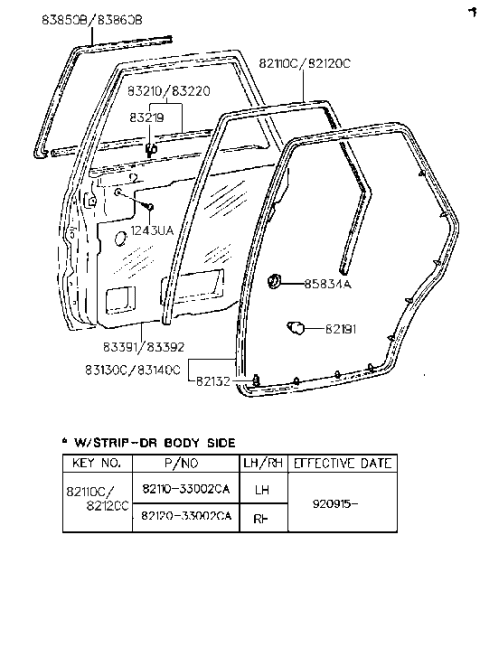 1990 Hyundai Sonata Seal-Rear Door Trim LH Diagram for 83391-33100