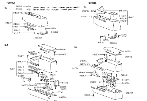 1993 Hyundai Sonata Console Armrest Assembly Diagram for 84660-33200-DT
