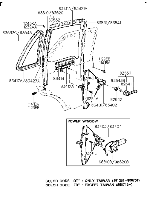 1991 Hyundai Sonata Rear Right Power Window Regulator Assembly Diagram for 83404-33100