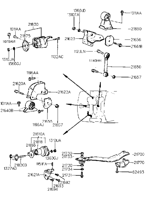 1992 Hyundai Sonata Engine Mounting Bracket Assembly Diagram for 21830-33070