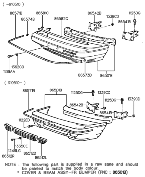 1990 Hyundai Sonata Front Bumper Cover And Beam Assembly Diagram for 86501-33052