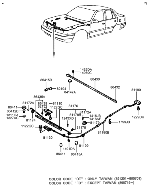 1993 Hyundai Sonata Cable Assembly-Hood Latch Release Diagram for 81190-33101