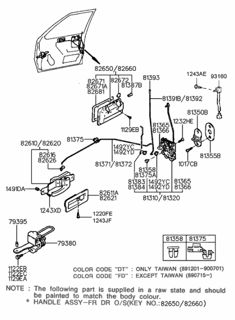 1988 Hyundai Sonata Interior Door Handle Assembly, Right Diagram for 82620-33001-DT