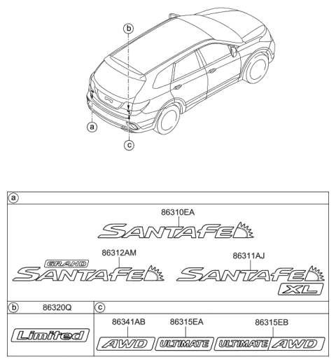 2018 Hyundai Santa Fe Emblem-Grand Santafe,LH Diagram for 86312-B8000