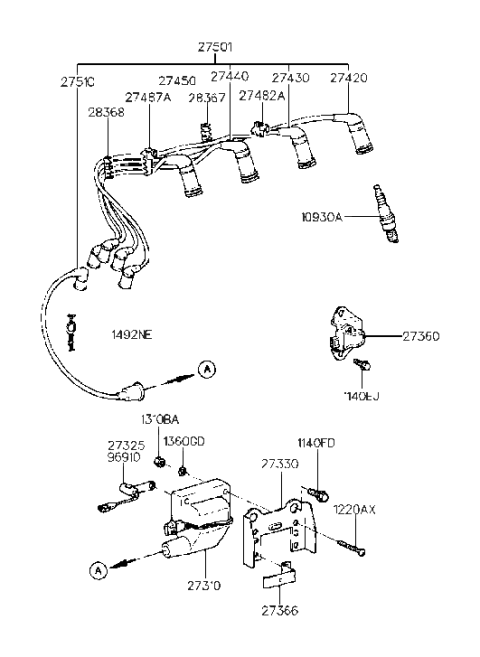 1991 Hyundai Scoupe Cable Set-Spark Plug Diagram for 27501-22B00