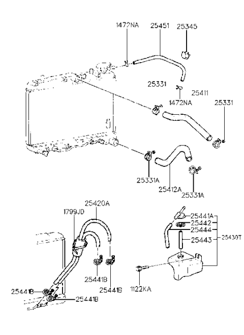 1992 Hyundai Scoupe Radiator Reservoir And Hose Assembly Diagram for 25430-23310