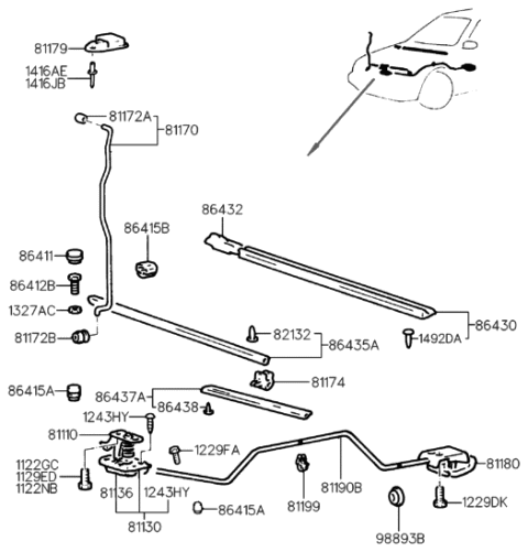 1994 Hyundai Scoupe Handle Assembly-Hood Latch Release Diagram for 81180-23000-MB